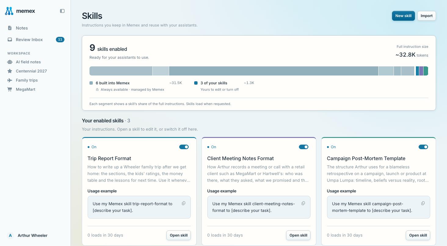 The Skills page, with the instructions your assistants can load